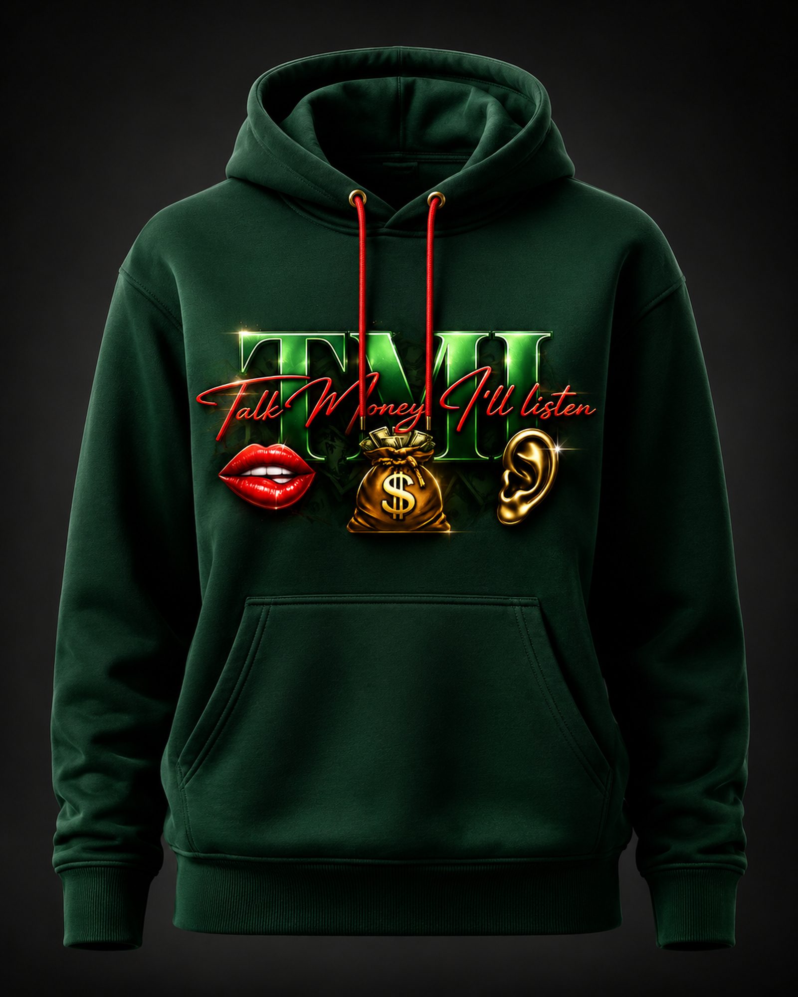TMI Talk Money I'll Listen Heavyweight Hoodie in forest green